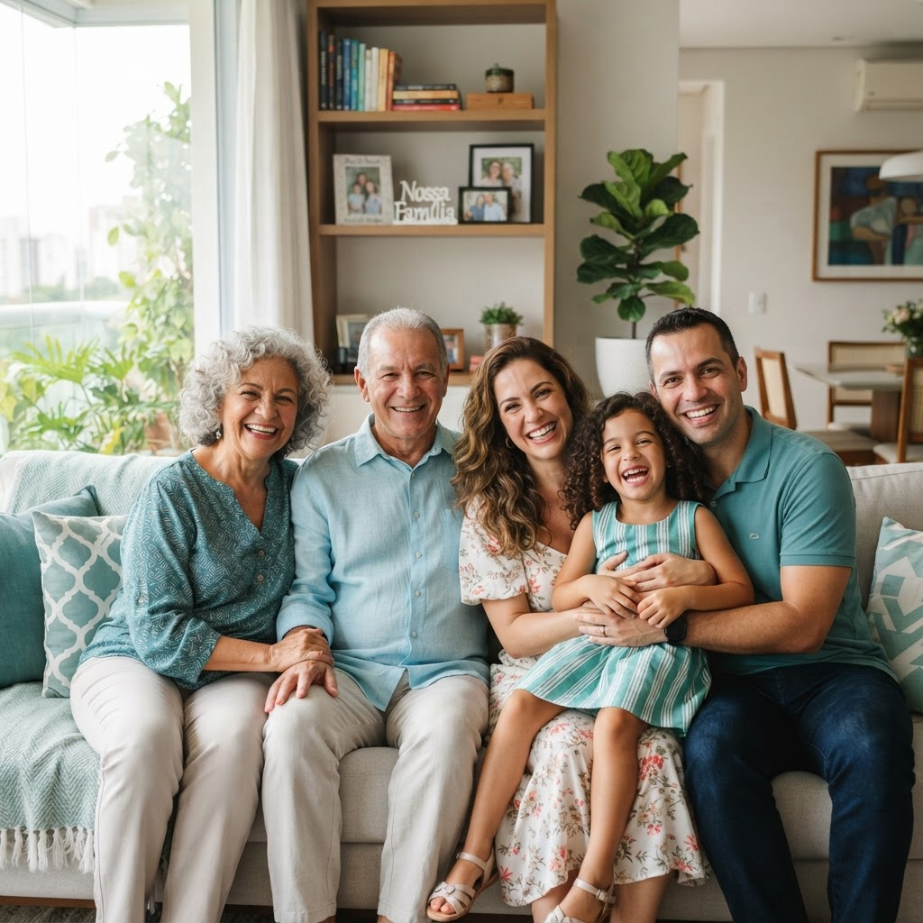 Família brasileira feliz e protegida por um plano de saúde